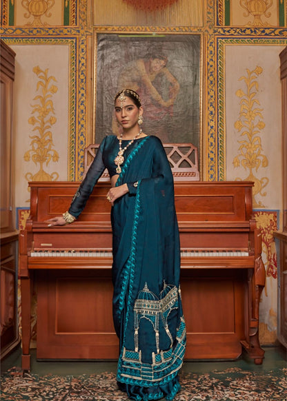 Deep Teal Embroidered Satin Saree