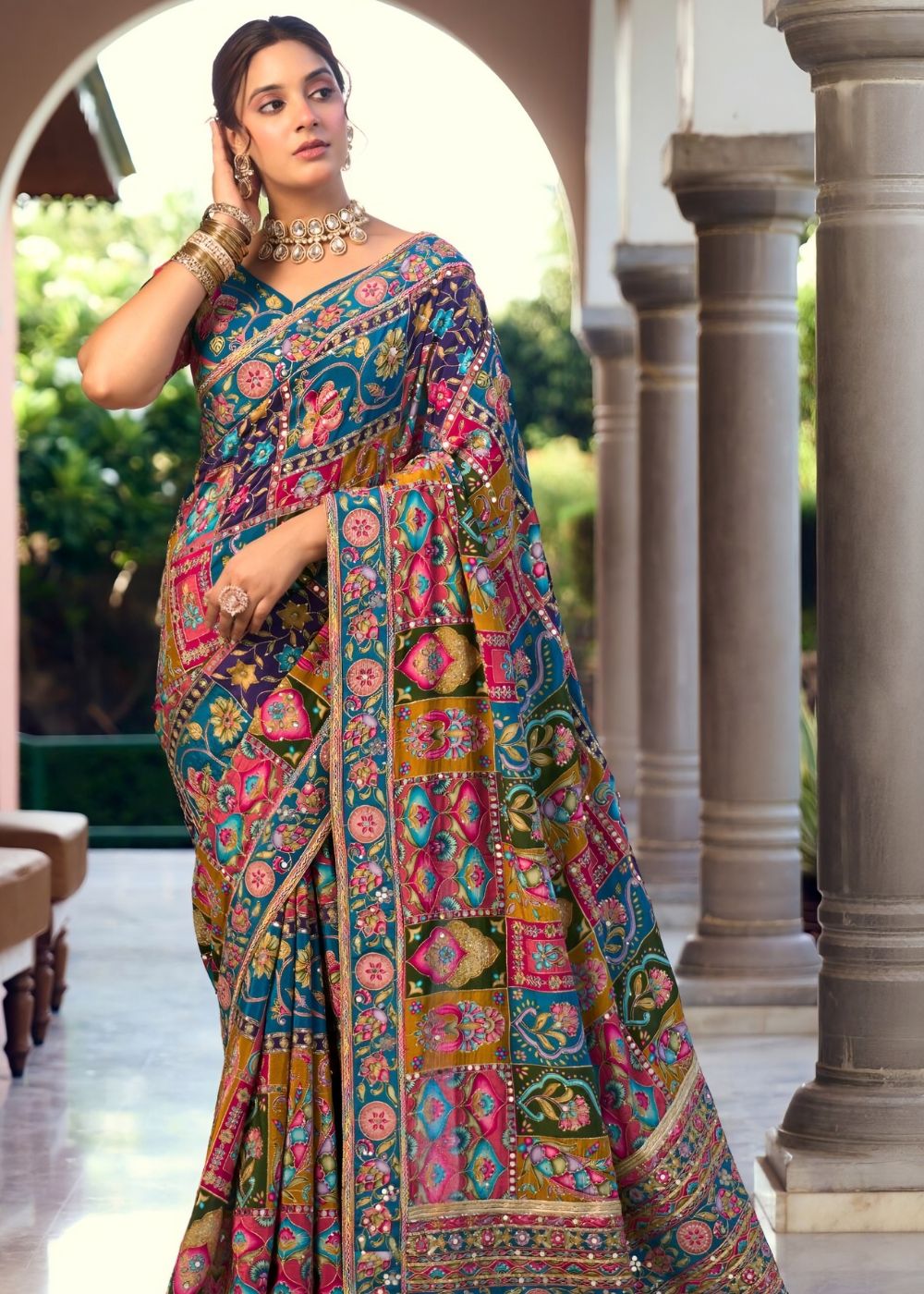 Royal Teal Mirror Work Festive Saree