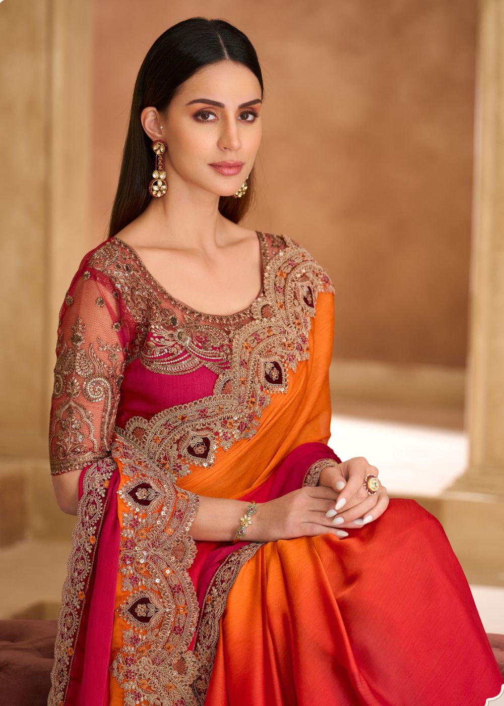 Orange Sparkle Shaded Chiffon Saree with Banglori Work Blou
