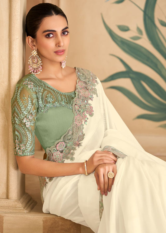 Powder White Silk Georgette Saree with Banglori Work Blouse