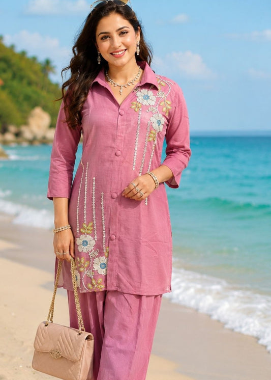 Blush Elegance Embroidered Lycra Co-Ord Set