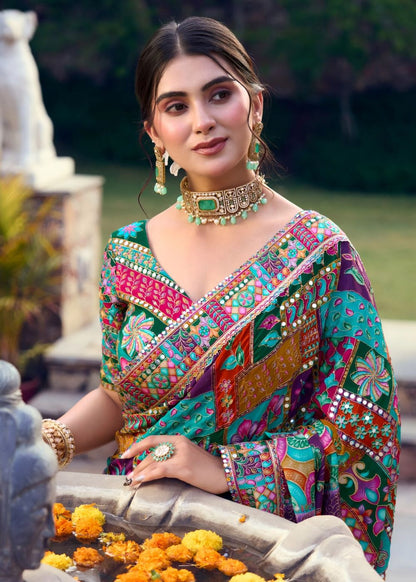 Emerald Heritage Mirror Work Saree