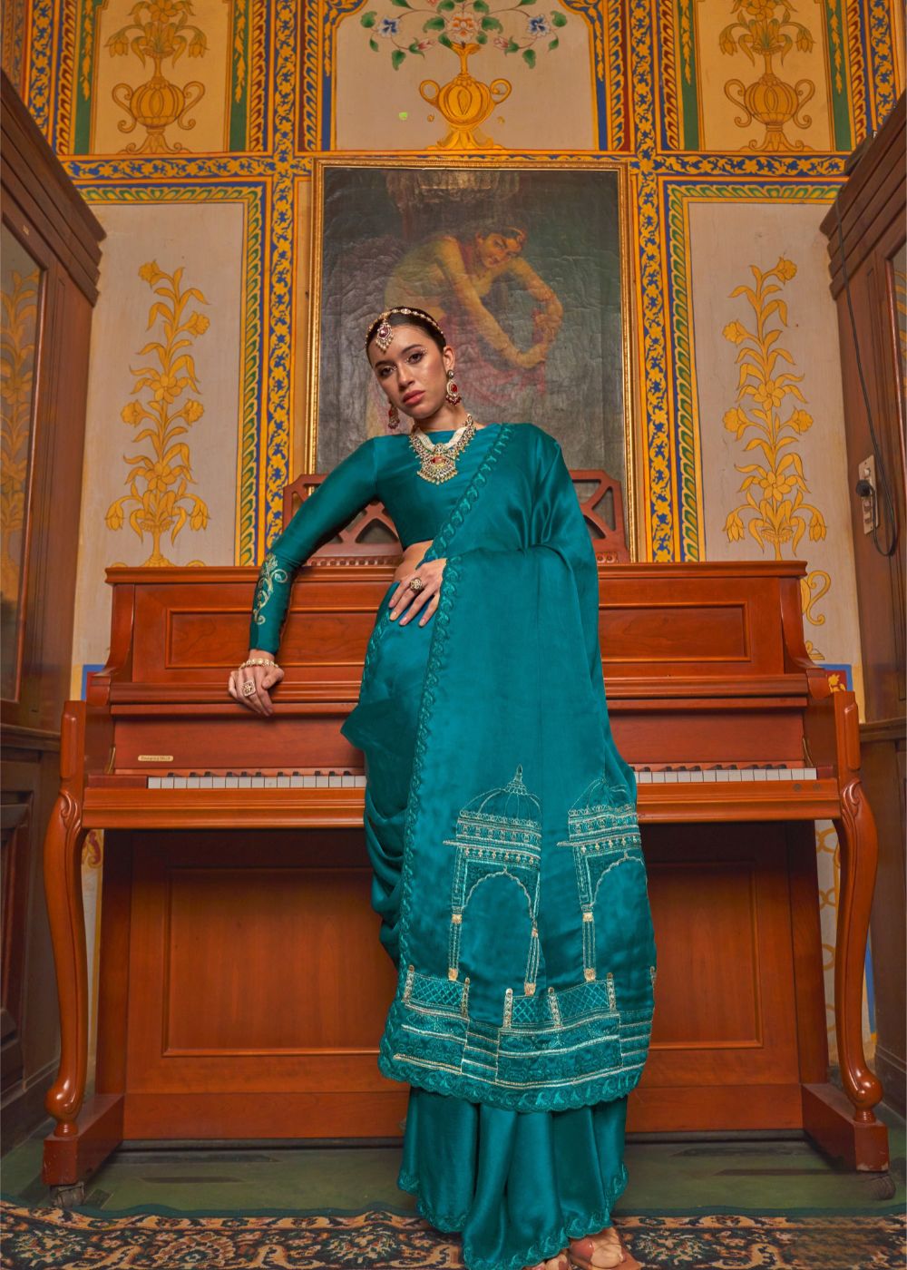 Turquoise Green Festive Embroidered Saree