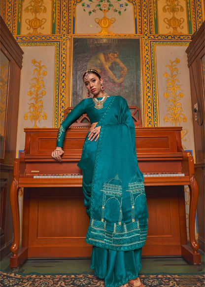 Turquoise Green Festive Embroidered Saree