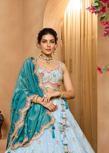 Turquoise Blue Tissue Silk Lehenga Set