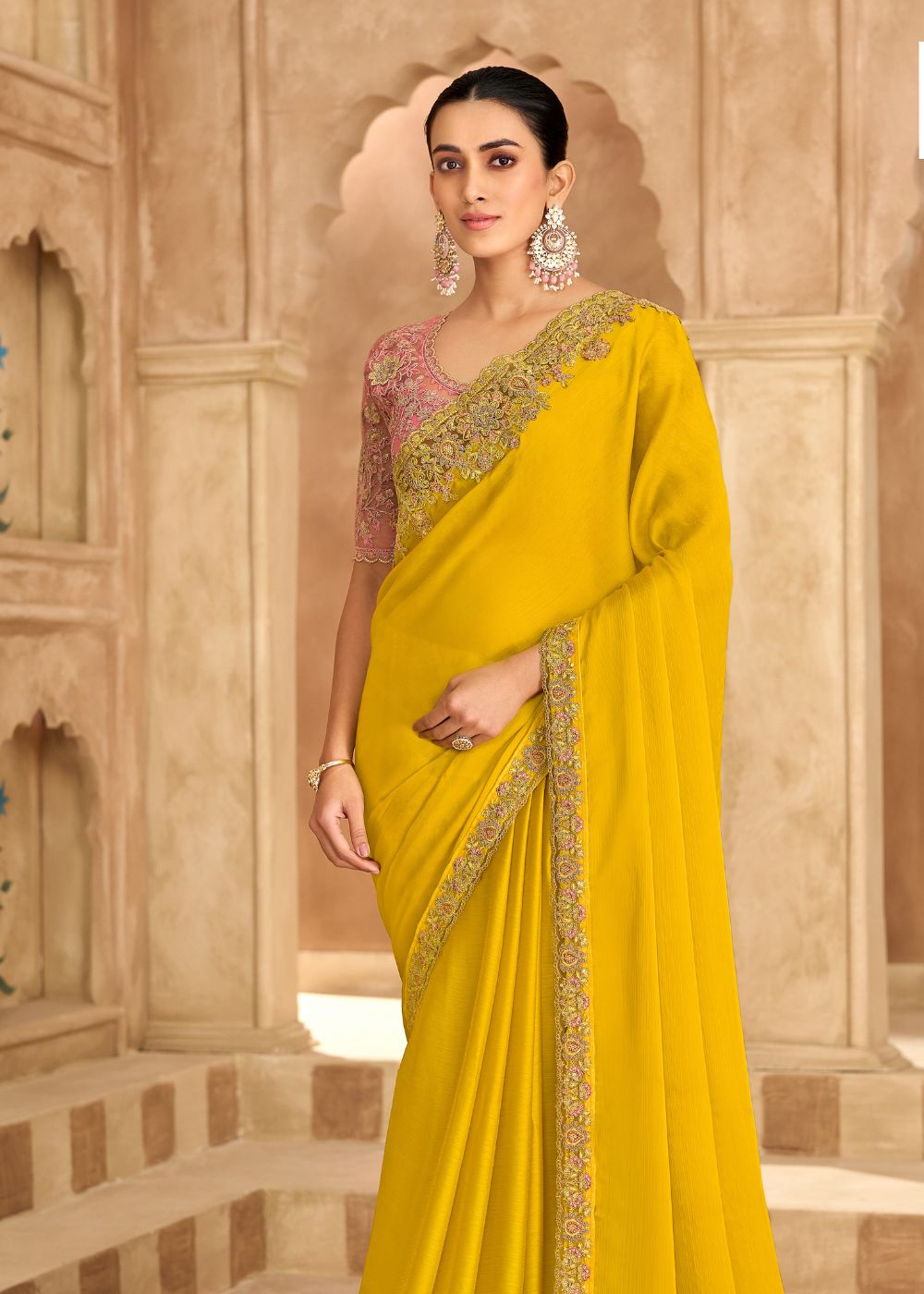 Gold Satin Chiffon Saree with Banglori Work Blouse