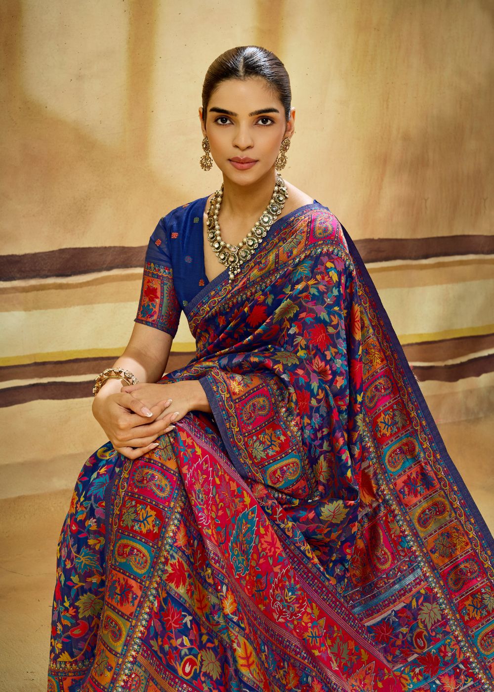 Royal Blue Multicolor Pure Kashmiri Modal Cotton Pashmina Weaving Saree