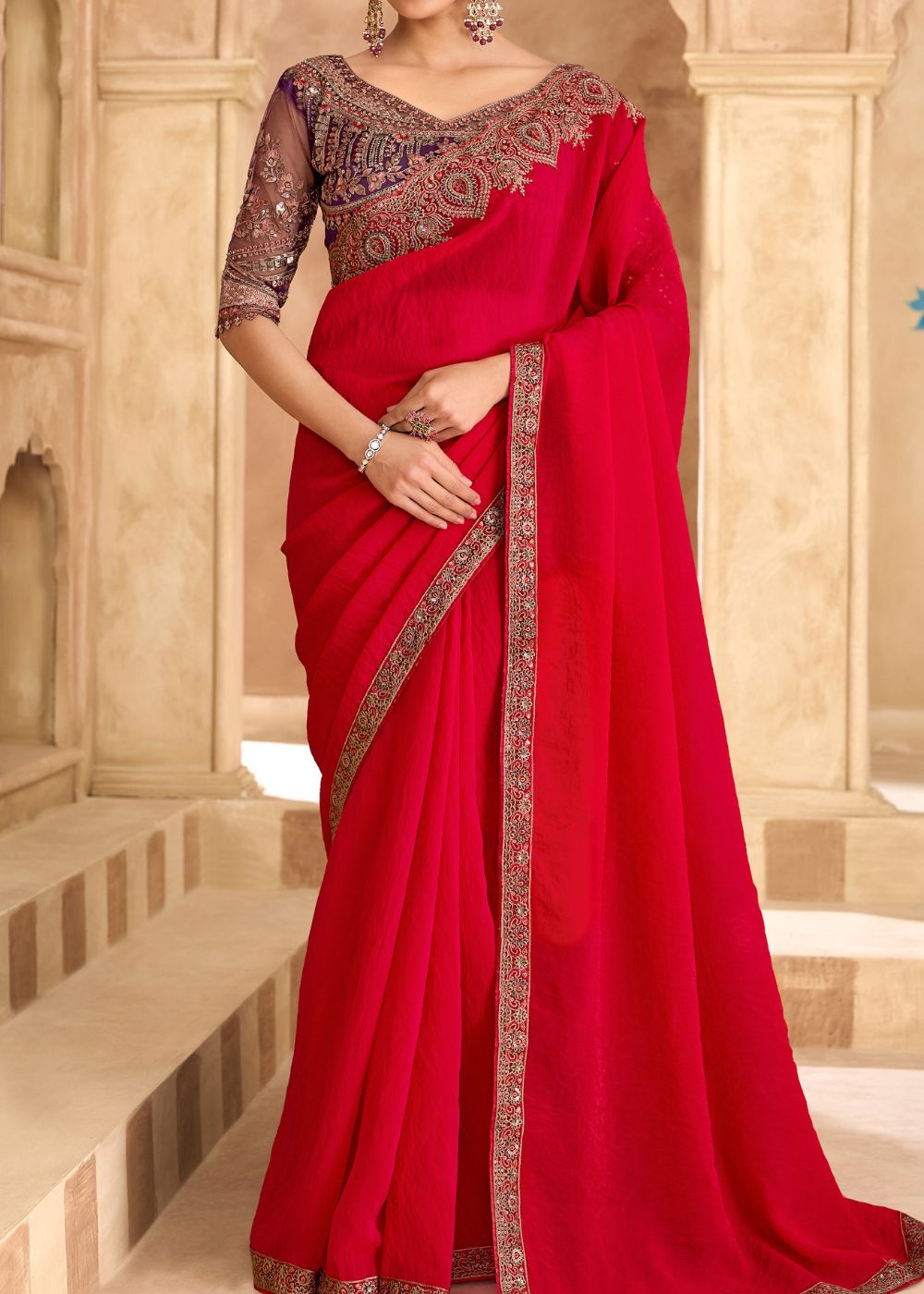 Cherry Red Satin Georgette Saree with Banglori Work Blouse