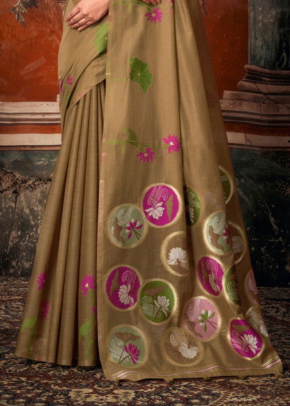 Earth Brown Khadi Cotton Designer Saree