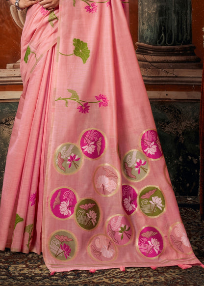 Blush Pink Floral Khadi Cotton Saree