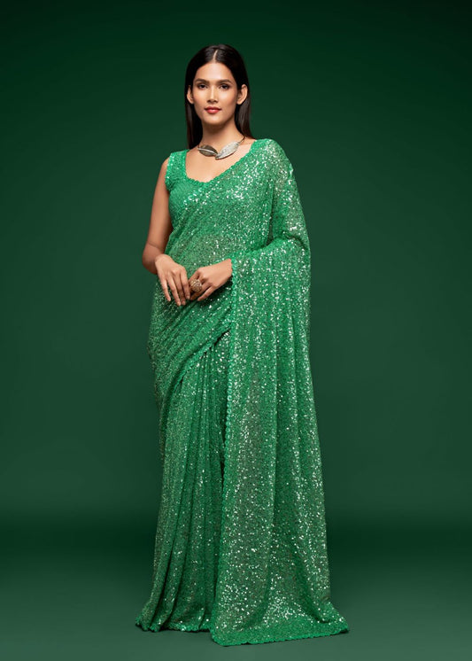 Mint Green Sequin Designer Saree