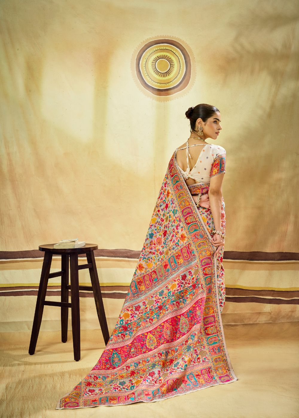 Off White Multicolor Pure Kashmiri Modal Cotton Pashmina Weaving Saree