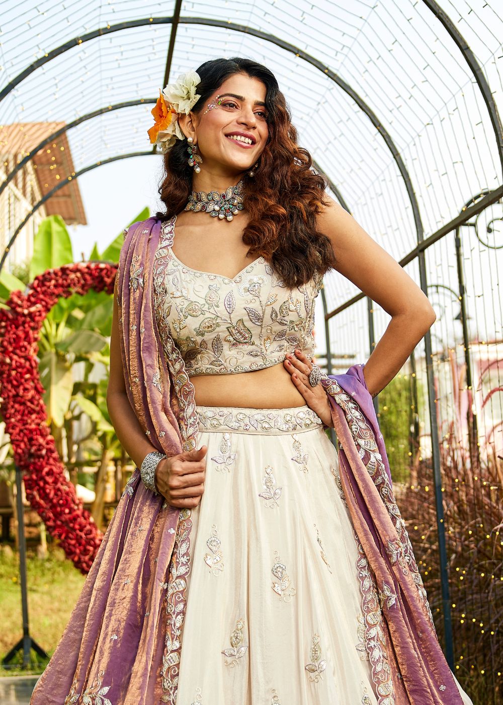 Ivory Tissue Lehenga with Royal Purple Dupatta
