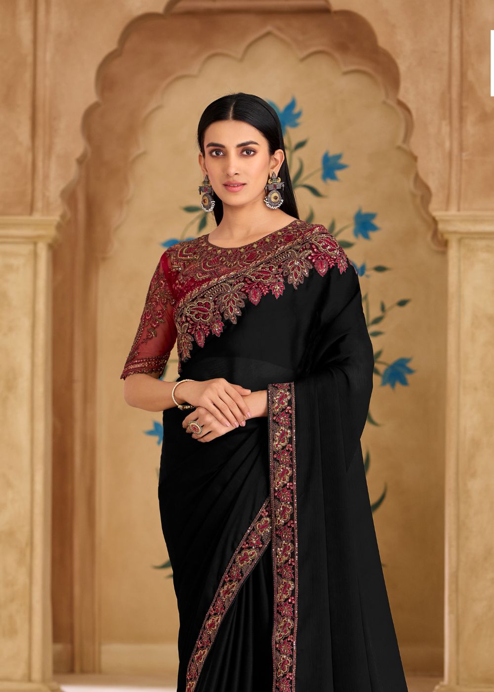Pure Black Satin Chiffon Saree with Banglori Work Blouse