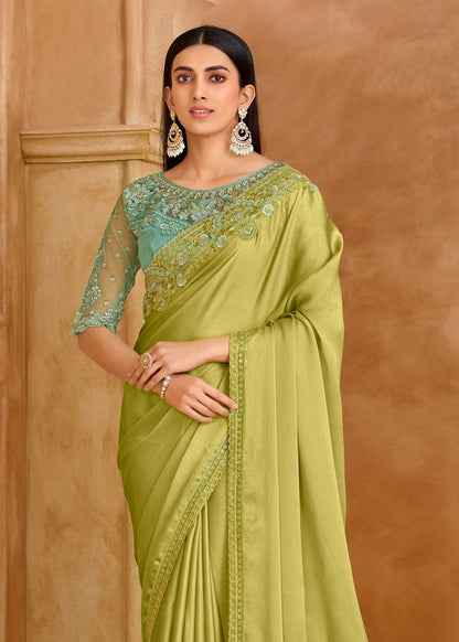 Pistachio Green Satin Chiffon Saree with Banglori Work Blouse