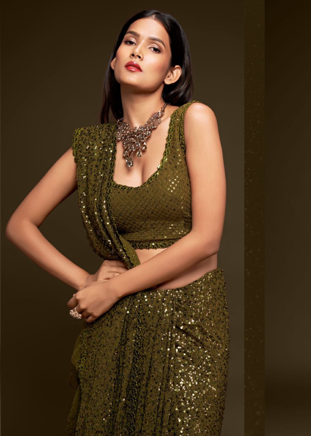 Olive Green Sequin Designer Saree