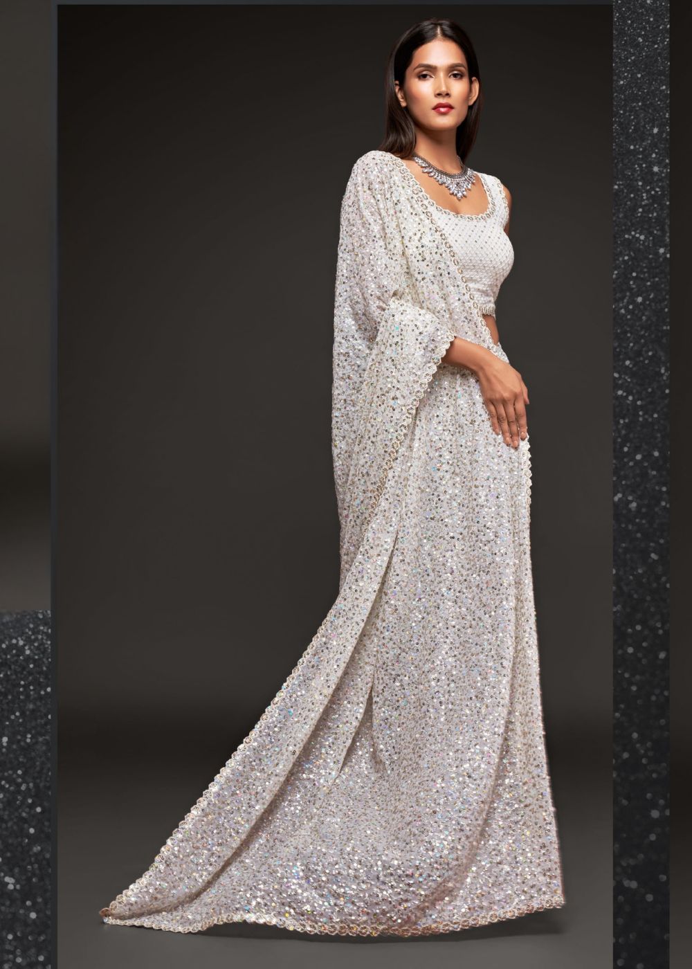 Pearl White Premium Sequin Saree