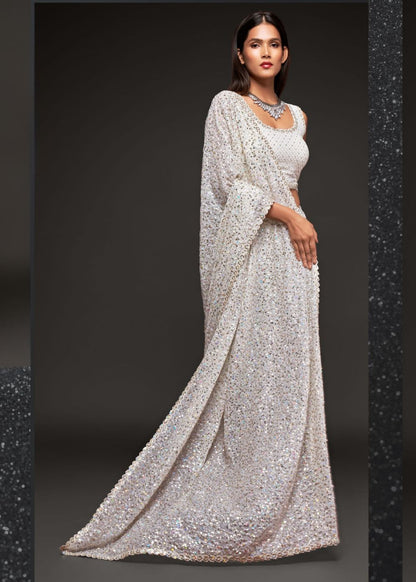 Pearl White Premium Sequin Saree