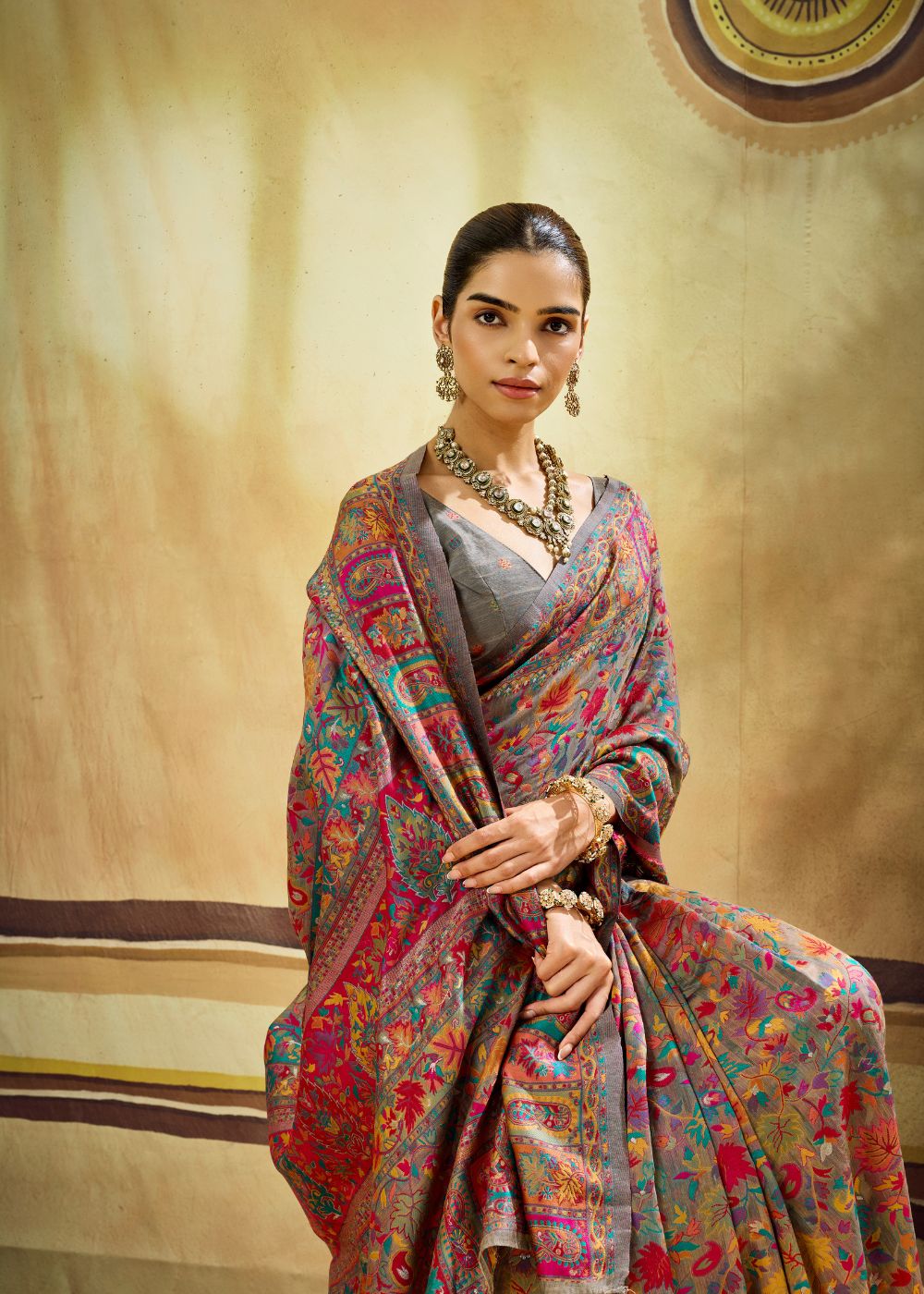 Grey Multicolor Pure Kashmiri Modal Cotton Pashmina Weaving Saree