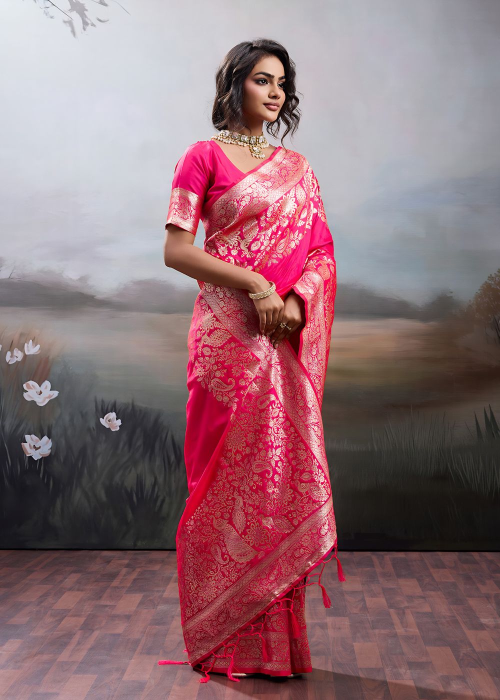 Rani Pink Designer Silk Saree