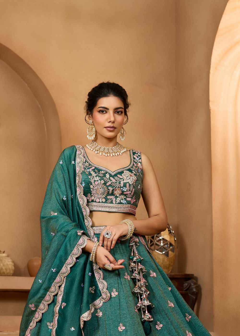 Emerald Green Tissue Silk Lehenga Set