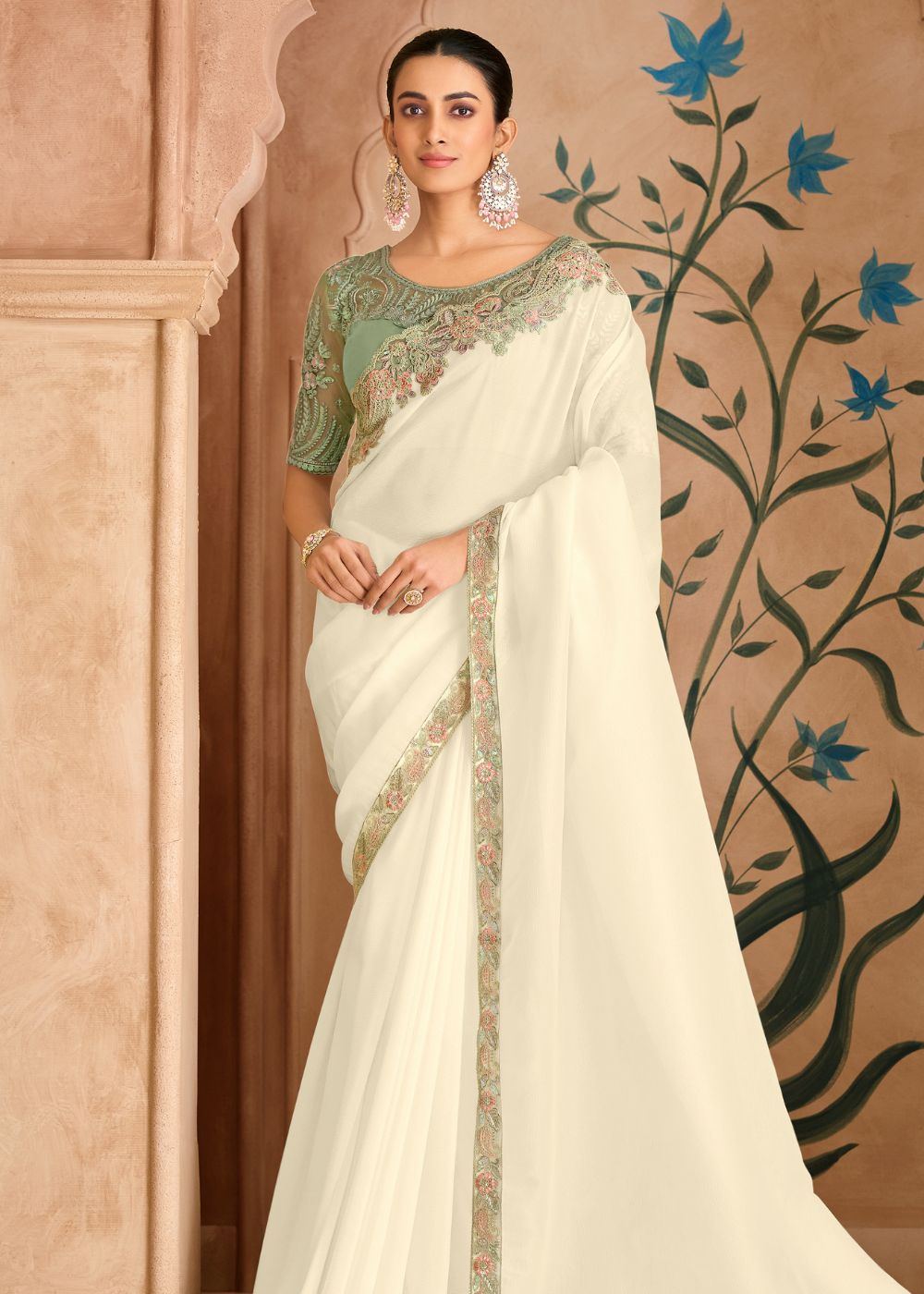 Powder White Silk Georgette Saree with Banglori Work Blouse