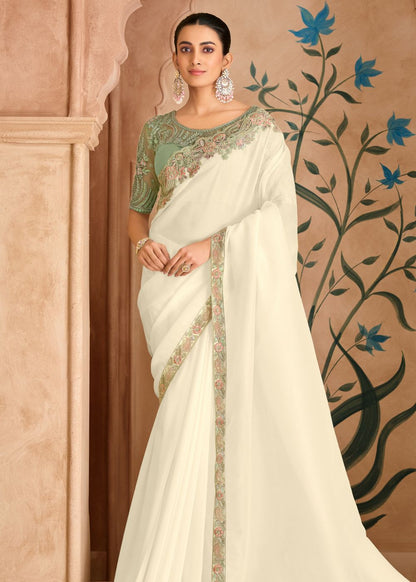 Powder White Silk Georgette Saree with Banglori Work Blouse