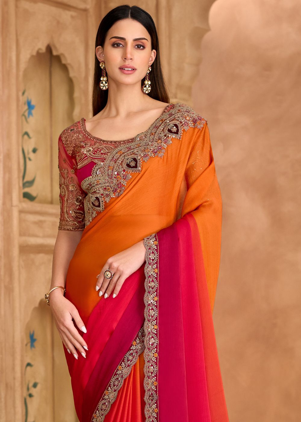 Orange Sparkle Shaded Chiffon Saree with Banglori Work Blou
