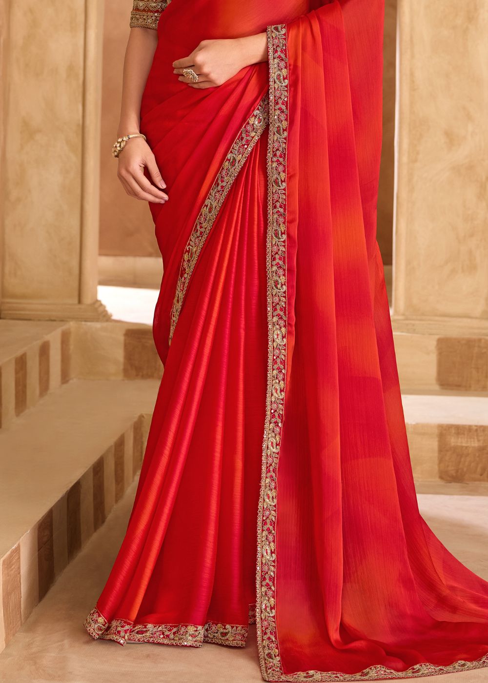 Majestic Shaded Satin Chiffon Saree with Banglori Work Blouse