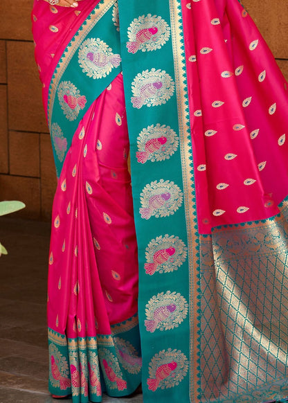 Pink & Teal Silk Zari Saree