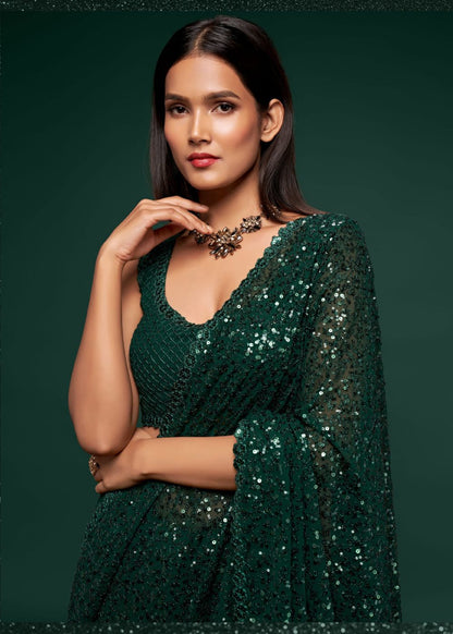 Deep Green Designer Sequin Saree