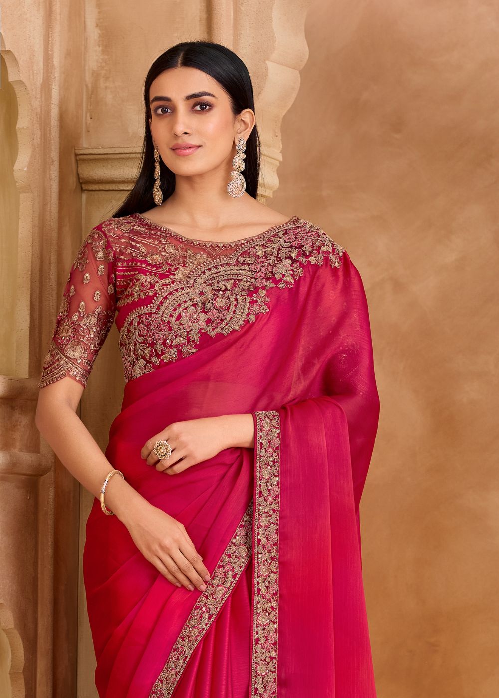 Rich Pink Satin Chiffon Saree with Satin Work Blouse