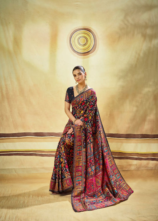 Black Multicolor Pure Kashmiri Modal Cotton Pashmina Weaving Saree