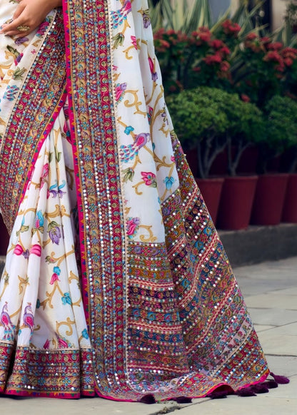 Ivory Floral Mirror Work Designer Saree
