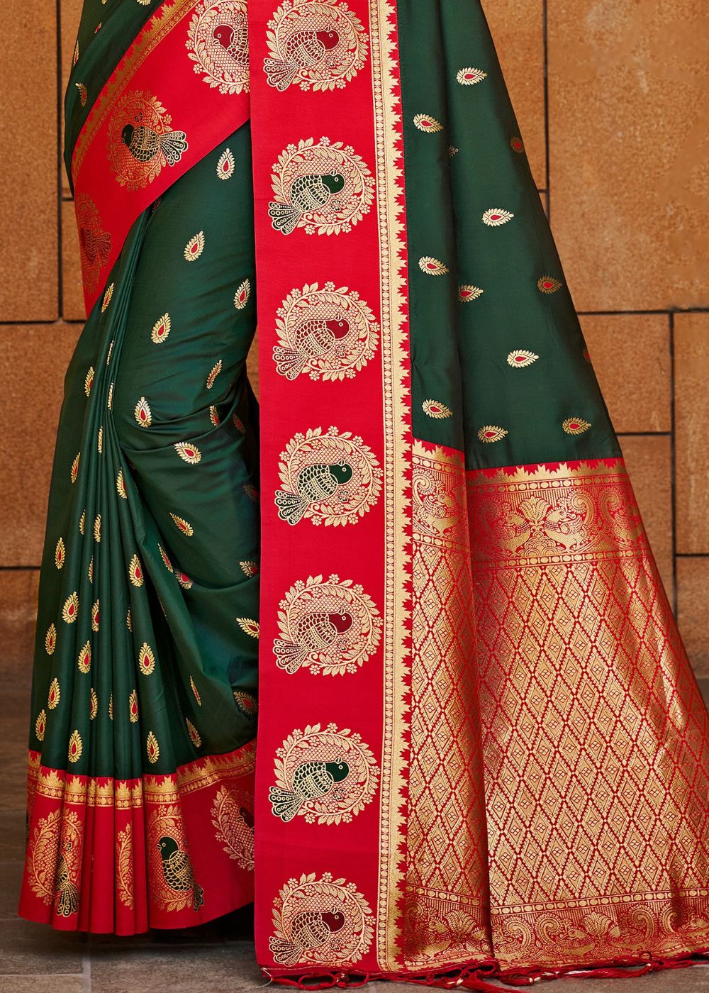 Green & Red Silk Zari Saree