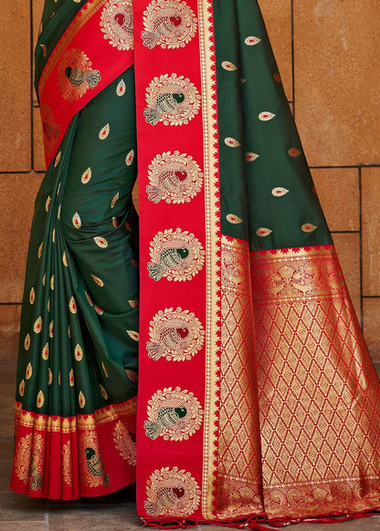 Green & Red Silk Zari Saree