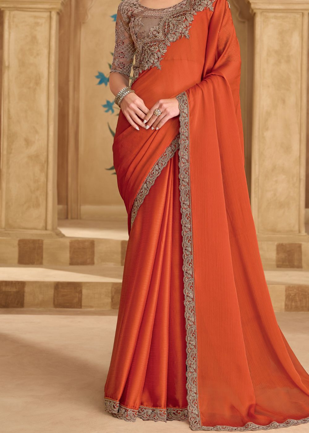 Saffron Satin Chiffon Saree with Banglori Work Blouse