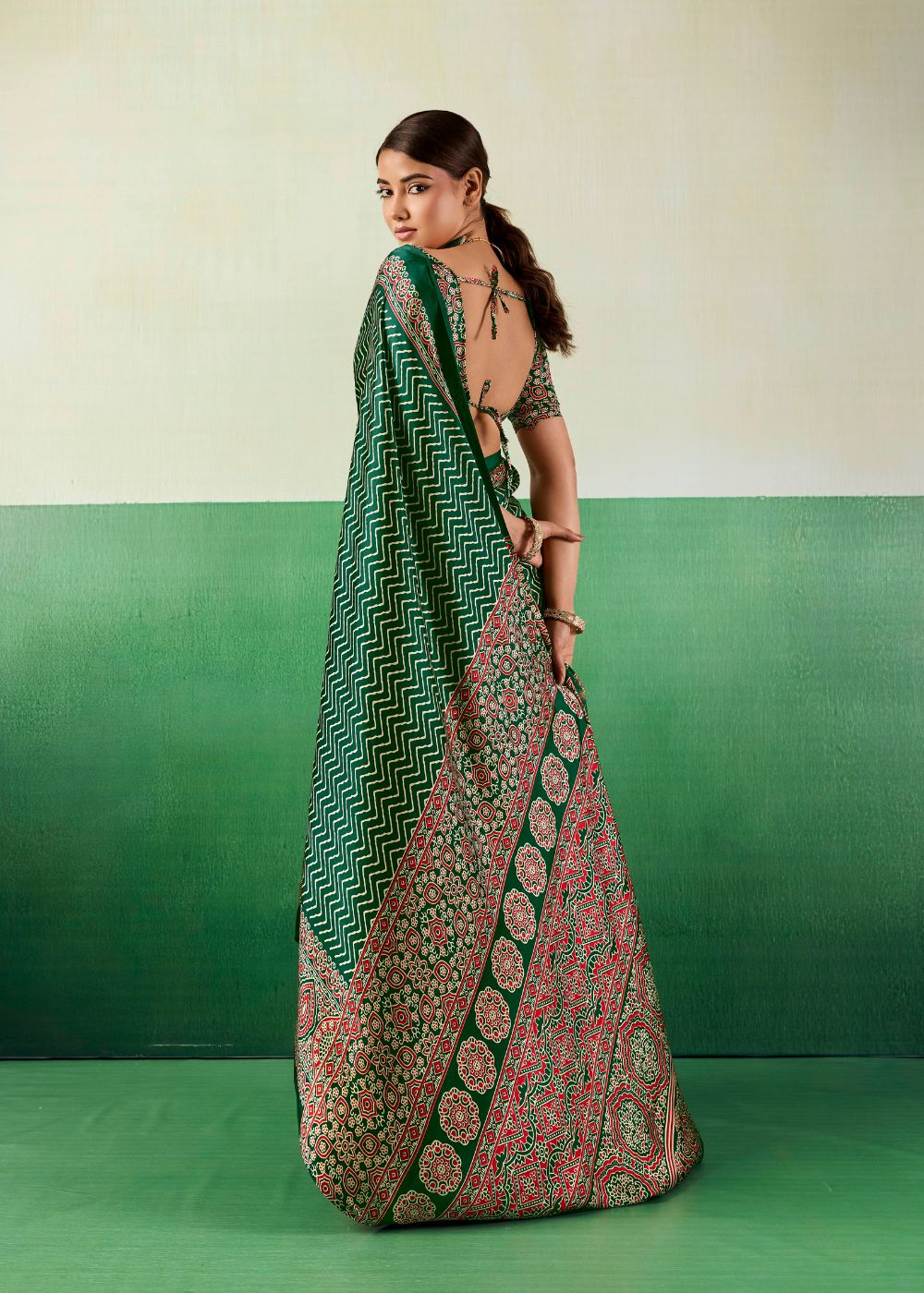 Emerald Ajrakh Satin Saree