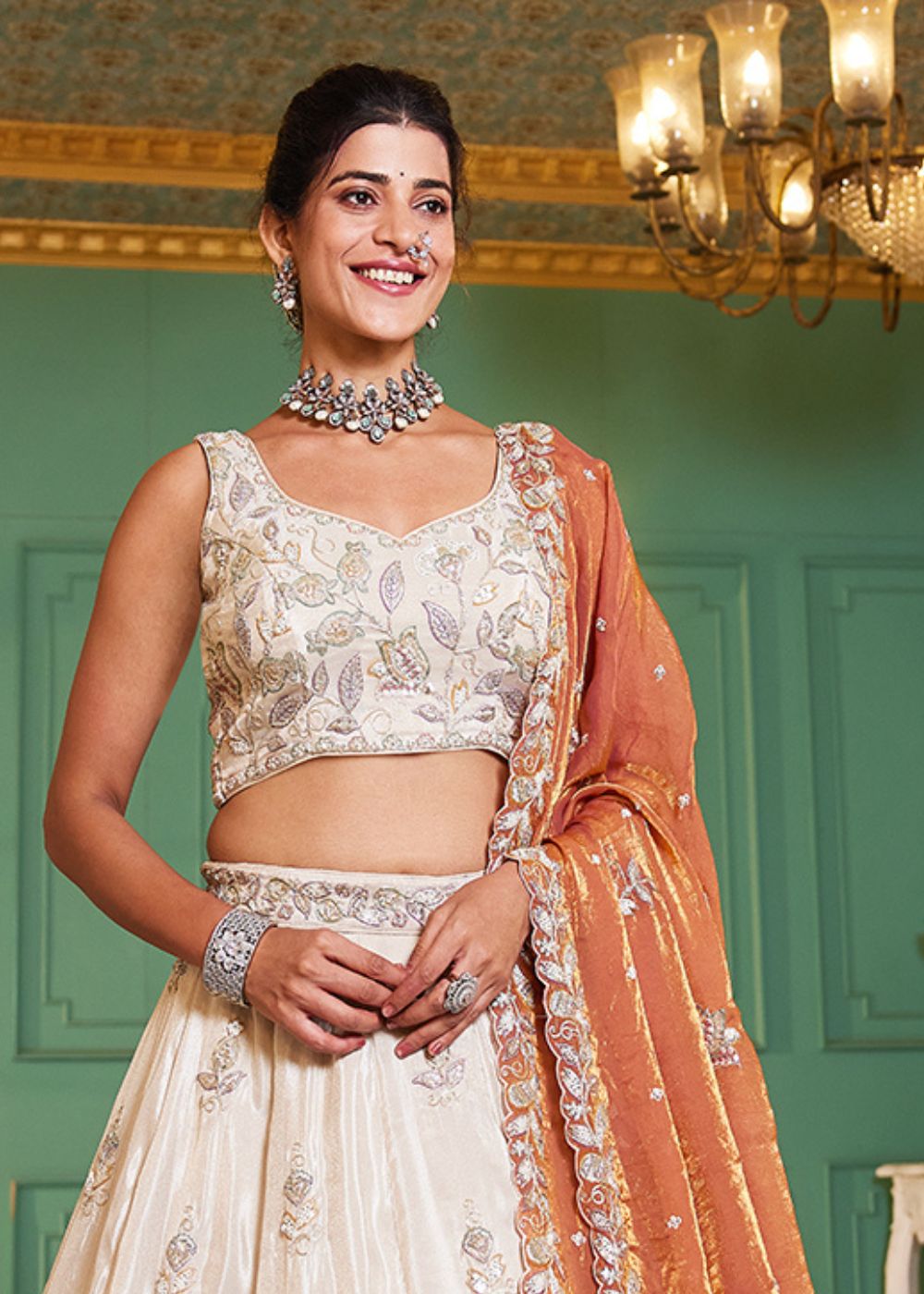 Ivory Tissue Lehenga with Rust Orange Dupatta