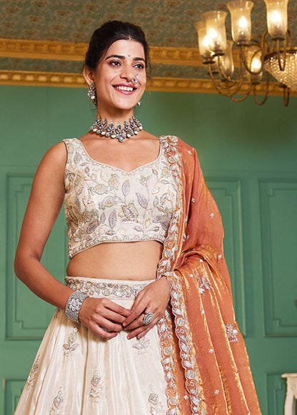 Ivory Tissue Lehenga with Rust Orange Dupatta