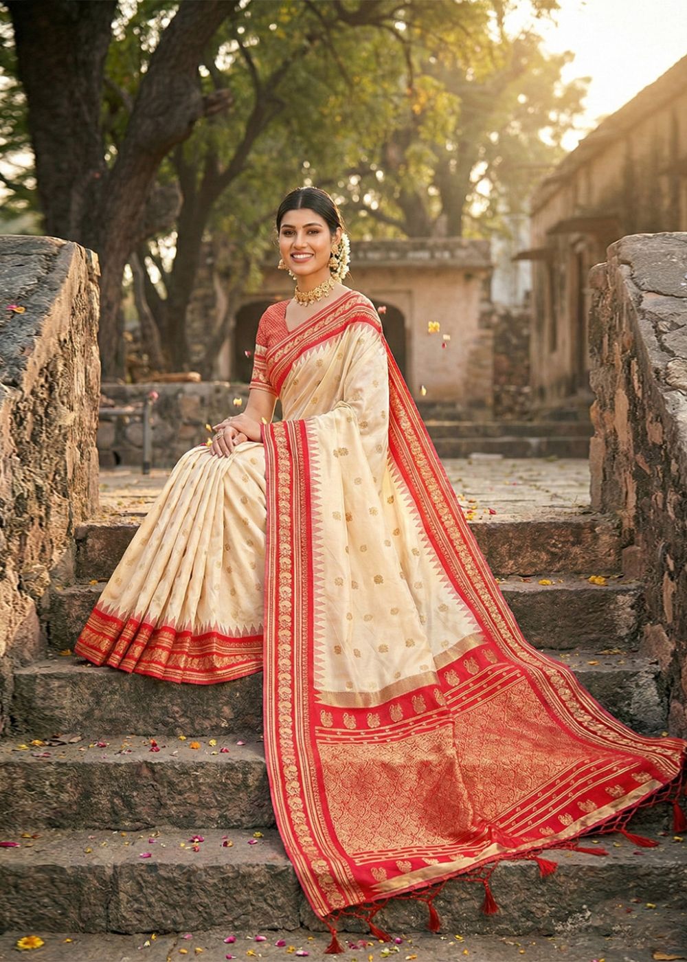 Cream & Red Kanchivaram Soft Silk Saree