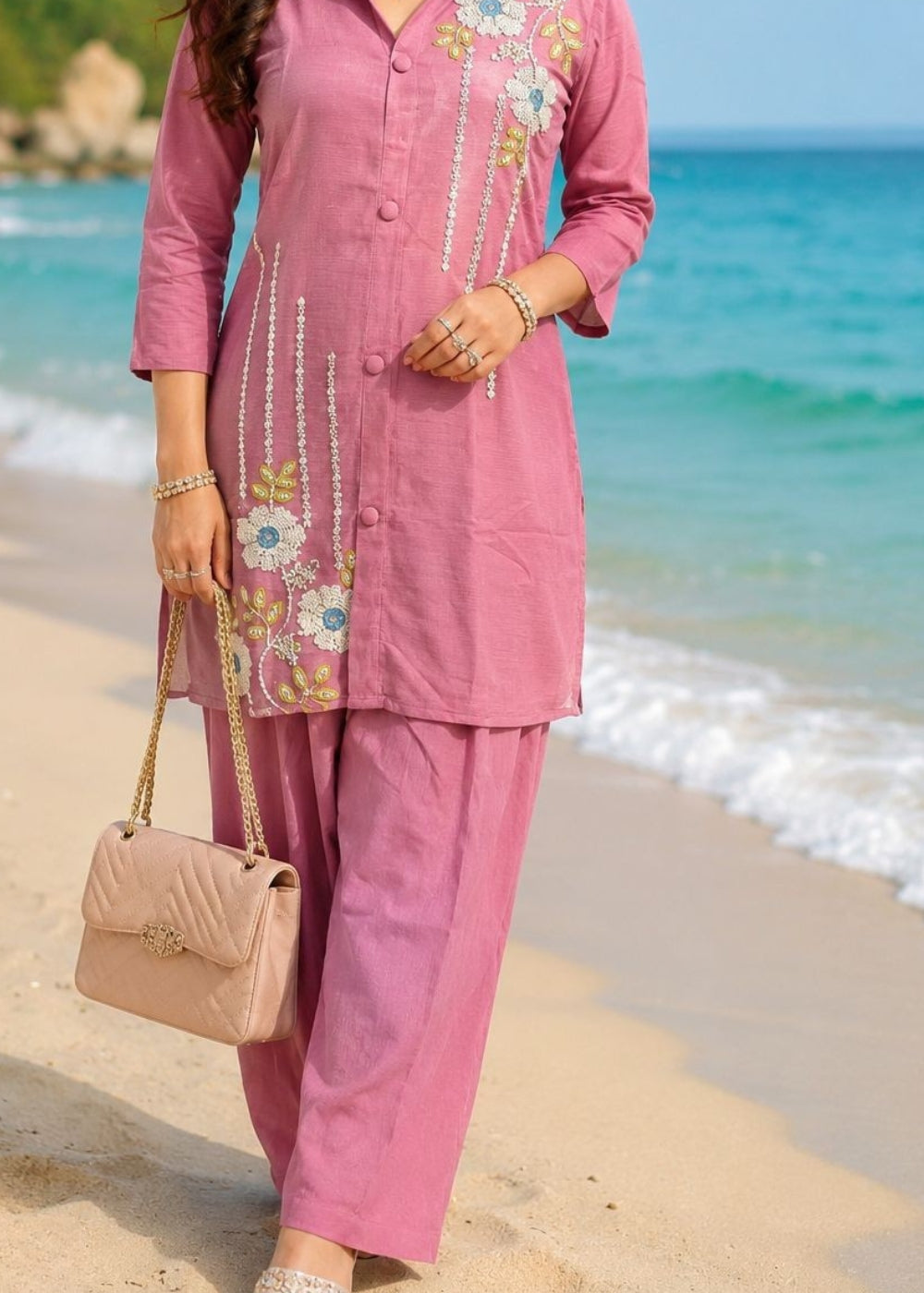 Blush Elegance Embroidered Lycra Co-Ord Set