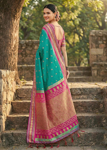 Teal Green & Pink Kanchivaram Soft Silk Saree