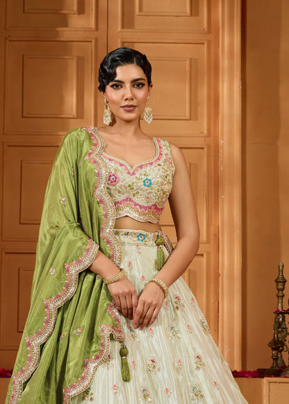 Ivory Lime Green Tissue Silk Lehenga Set