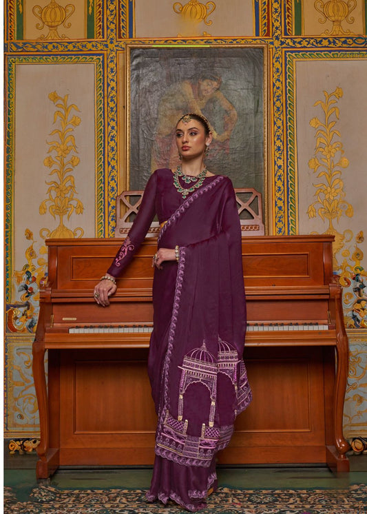 Royal Wine Embroidery Work Saree