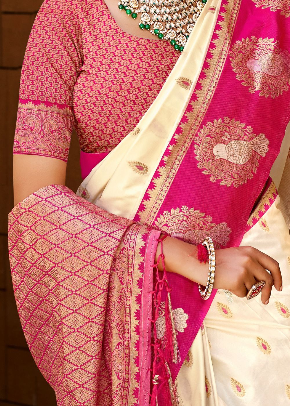 Cream & Pink Silk Zari Saree