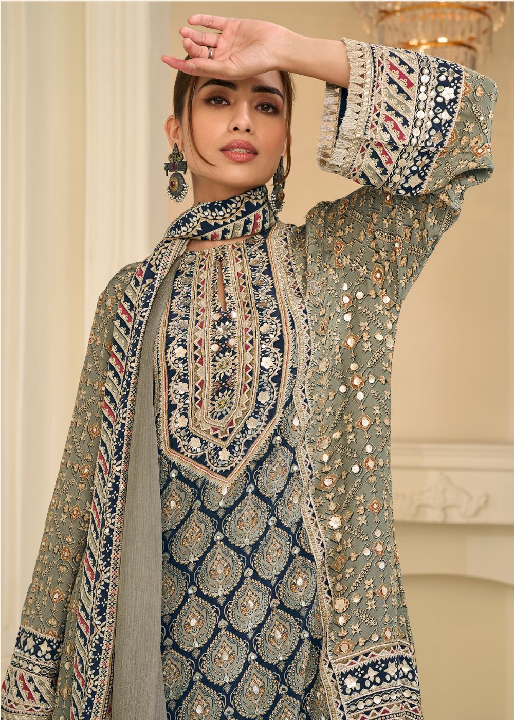 Slate Grey Premium Crepe Silk Suit Set