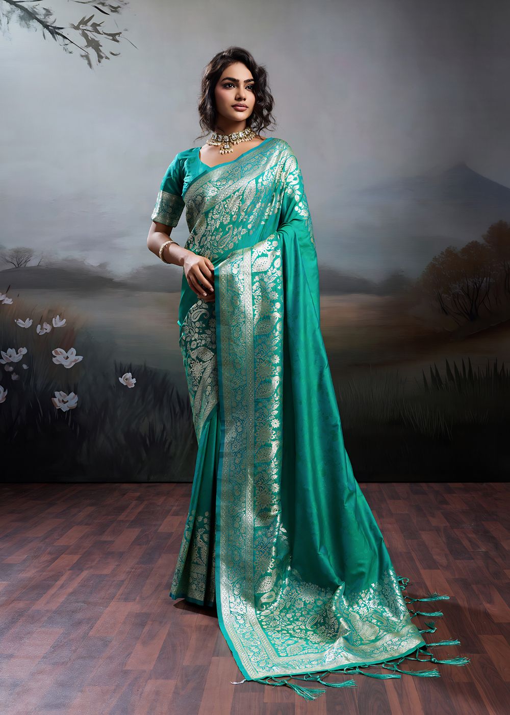 Turquoise Green Elegant Silk Saree