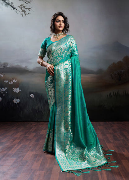 Turquoise Green Elegant Silk Saree