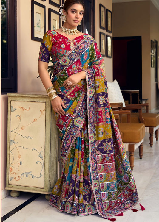 Heritage Multicolor Patchwork Mirror Work Saree